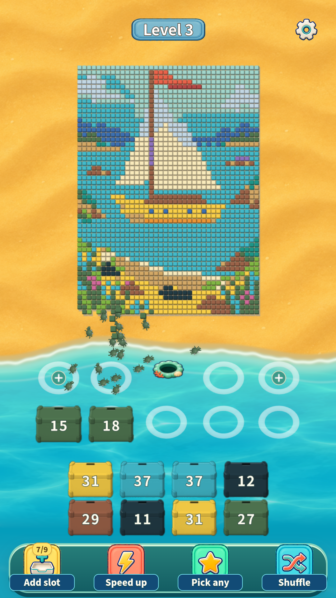 Gameplay preview showing a sailboat pixel picture and colorful crates